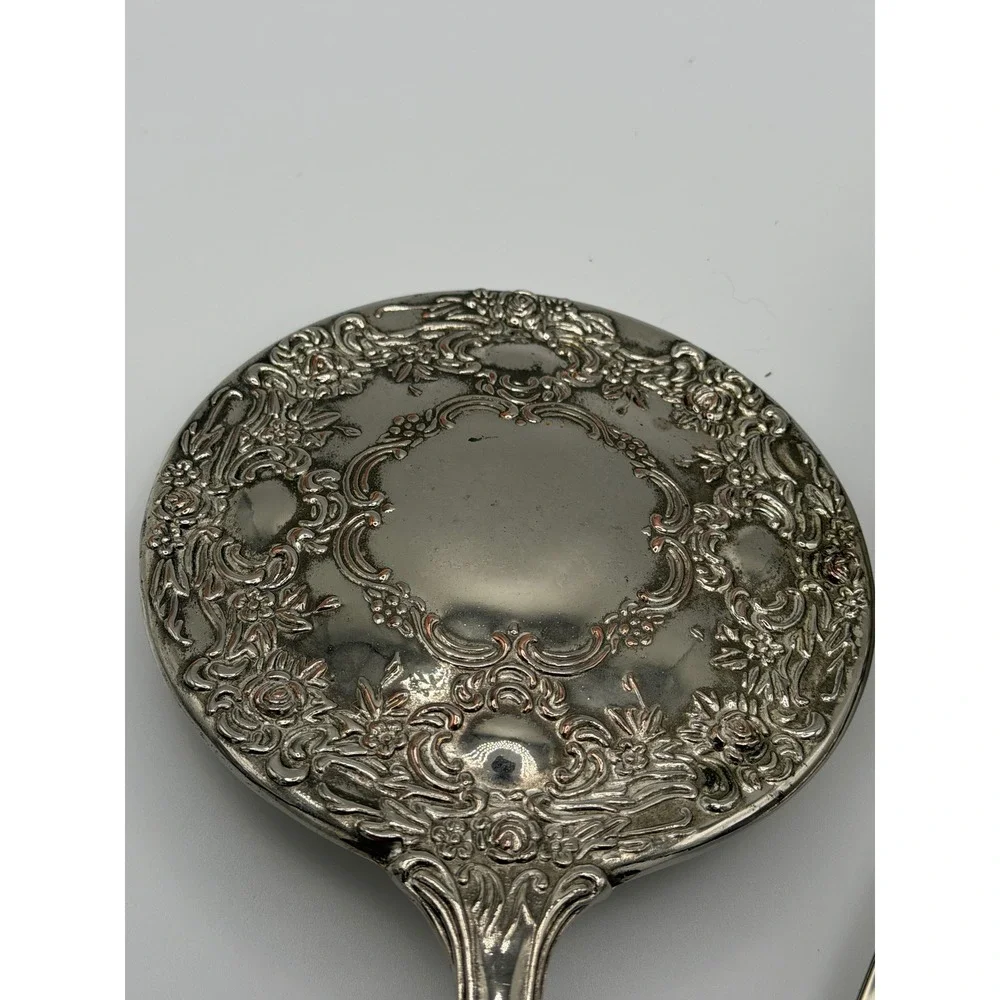 Vintage Silver Tone Repousse Hand Mirror and Brush Vanity Set Floral Lace Detail